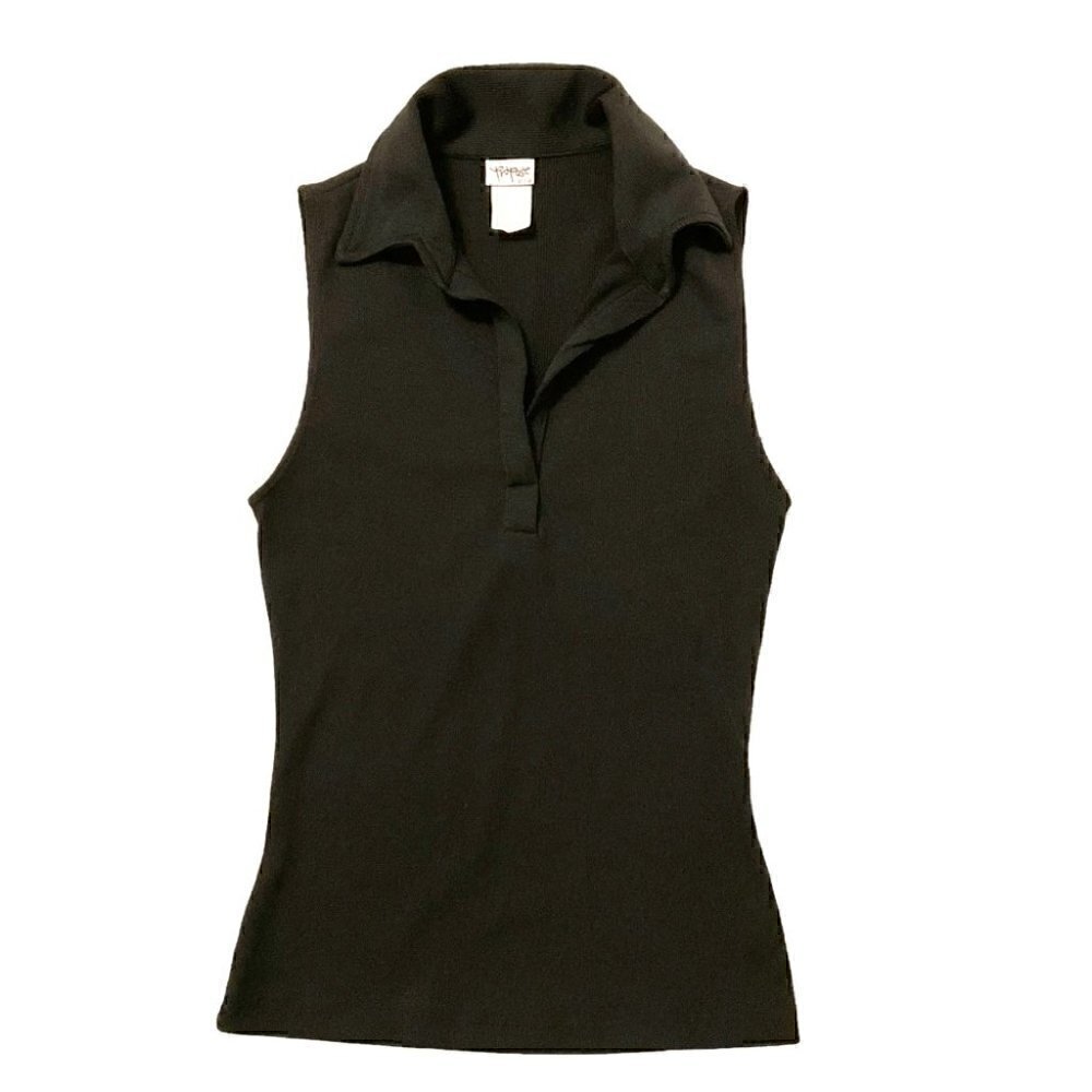 Y2K Ribbed Black Sleeveless collared Top